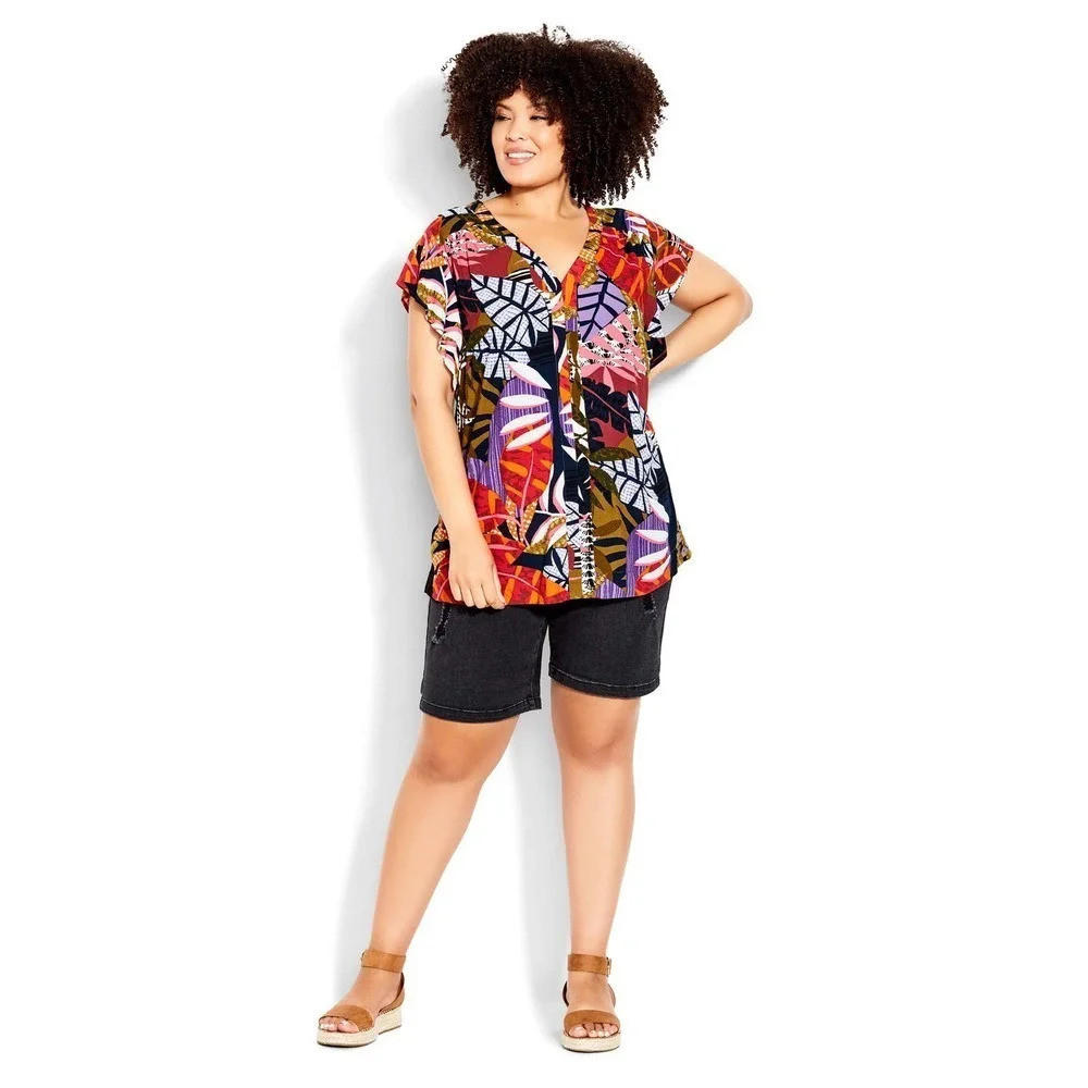 Loralette Women's Plus Size XL Mixed Media V-Neck Ruffle Pullover Top